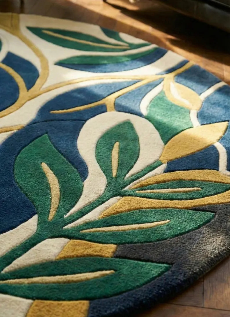 Luxury Round Botanical Rug | Hand Tufted 100% New Zealand Wool Leaf Area Carpet
