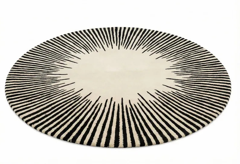 White & Black Round Area Rug | Hand Tufted New Zealand Wool Sunburst Carpet | Modern Luxury Floor Decor