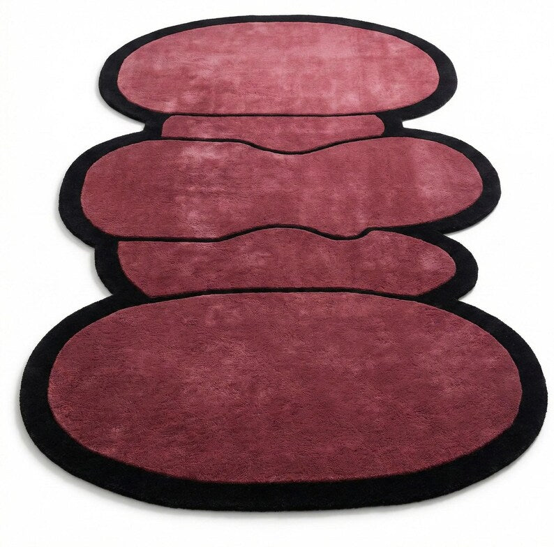 Hand Tufted New Zealand Wool Area Rug | Irregular Maroon & Jet Black Luxury Designer Carpet