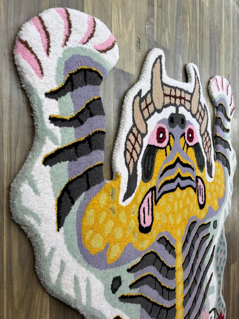 Hand Tufted New Zealand Wool Animal Rug | Modern White Tiger Shape Area Rug |  Unique Artistic Statement Carpet