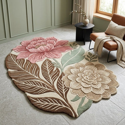 Hand Tufted Floral Area Rug – Pink & Sage Botanical Flower Rug, Vintage Boho Leaf Carpet for Living Room & Bedroom