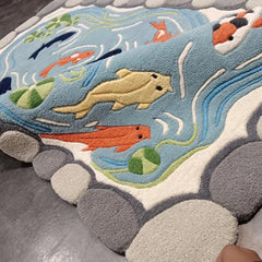 5x8 Hand Tufted Wool Area Rug – Blue Fish Pond Designer Carpet for Living Room & Bedroom