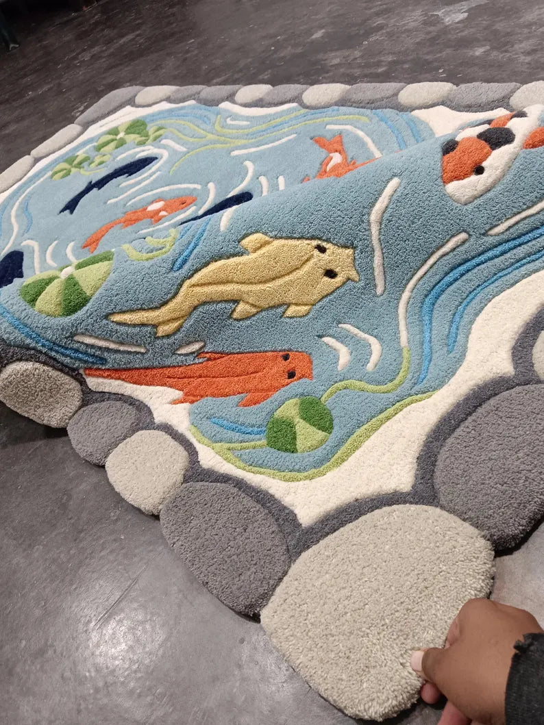 5x8 Hand Tufted Wool Area Rug – Blue Fish Pond Designer Carpet for Living Room & Bedroom
