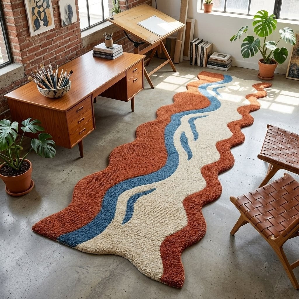 Hand Tufted Abstract Runner Rug – Terracotta Blue & Cream Wavy Area Rug, Modern Organic Shaped Hallway Carpet