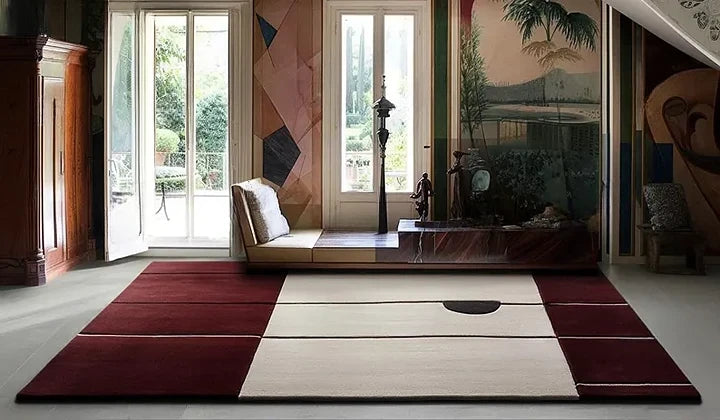 Hand Tufted Premium Color-Block Wool Carpet | Modern Burgundy & Cream Area Rug for Living Room & Bedroom