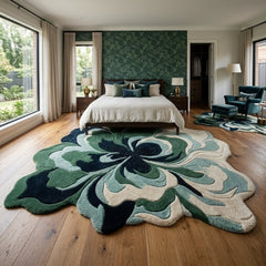 Green & Navy Botanical Flower Rug, Organic Shaped Statement Rug for Living Room & Bedroom