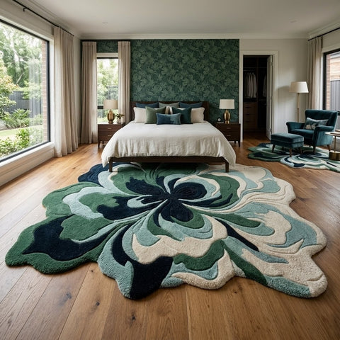 Green & Navy Botanical Flower Rug, Organic Shaped Statement Rug for Living Room & Bedroom