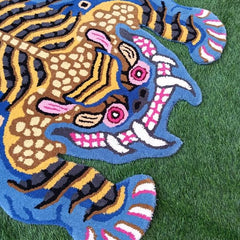 Blue Tiger Shape Area Rug | Hand Tufted New Zealand Wool Abstract Animal Rug | Modern Statement Carpet