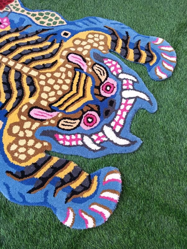 Blue Tiger Shape Area Rug | Hand Tufted New Zealand Wool Abstract Animal Rug | Modern Statement Carpet