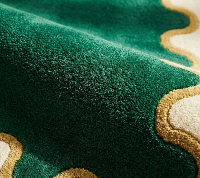 Modern Green Scalloped Edge Rug | Hand Tufted New Zealand Wool Luxury Living Room Area Rug