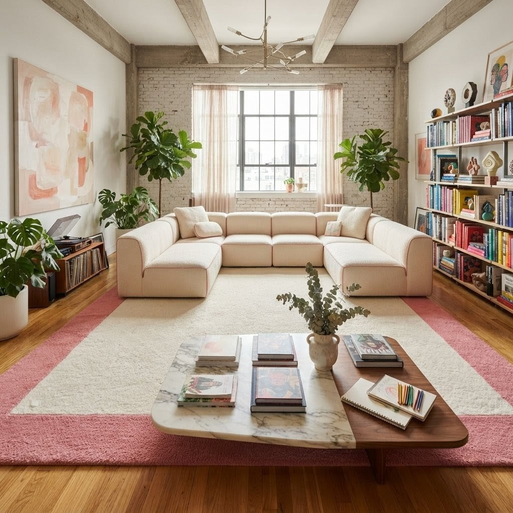 Blush Pink & Ivory Border Area Rug – Hand-Tufted Modern Wool Rug