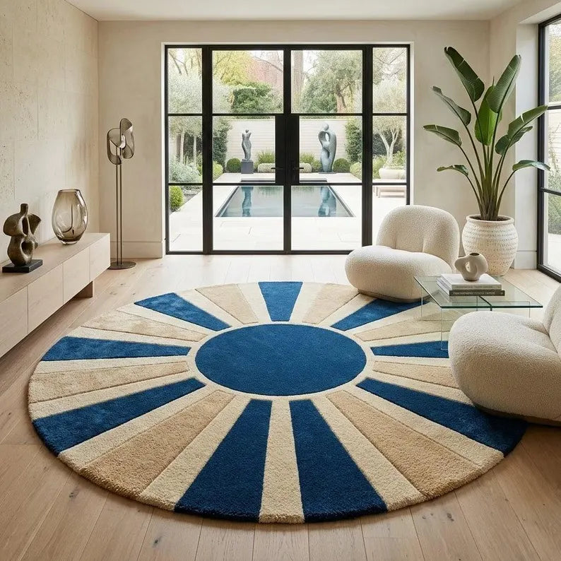 Blue & Beige Round Wool Rug | Modern Sunburst Hand Tufted Carpet