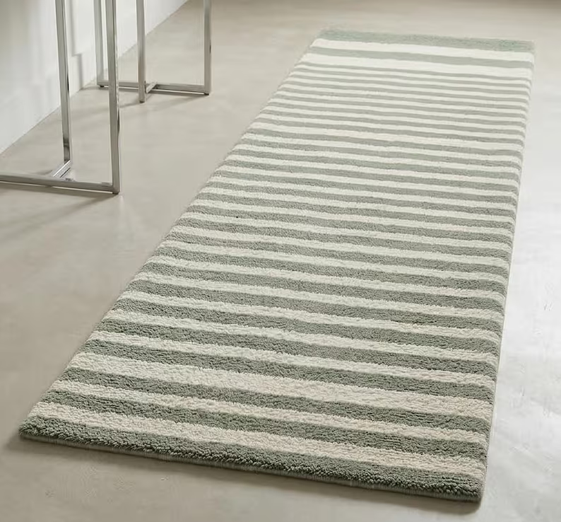 Sage Green Striped Runner Rug – Hand Tufted Wool Scandinavian Minimalist Hallway Carpet Home Decor