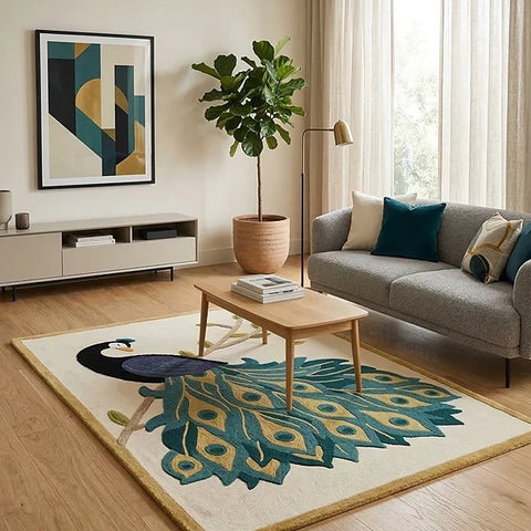 Art Deco Peacock Rug, Hand Tufted statement floor Art for home decor