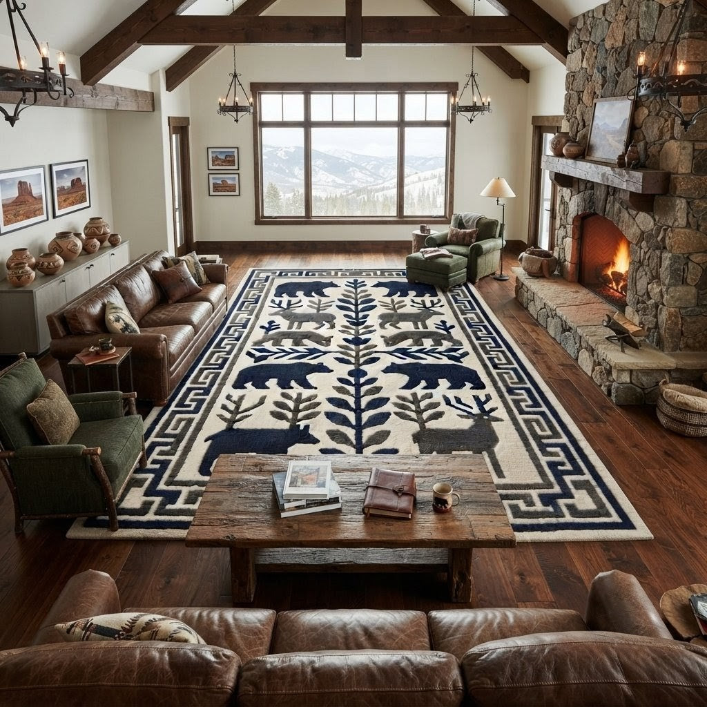 Wildlife Hand Tufted Rug – Bear & Deer Forest Wool Area Rug, Scandinavian Folk Art Rug, Rustic Cabin Decor