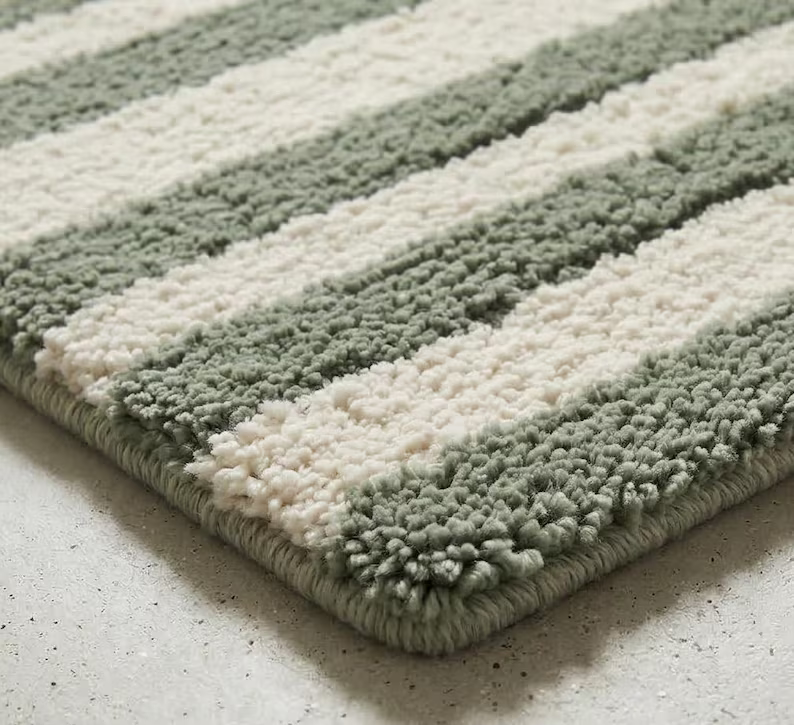 Sage Green Striped Runner Rug – Hand Tufted Wool Scandinavian Minimalist Hallway Carpet Home Decor