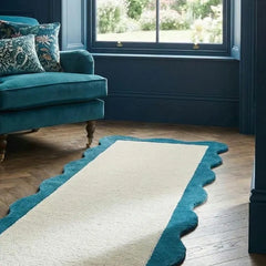 Hand Tufted Wool Runner Rug | Teal & White Modern Hallway Rug