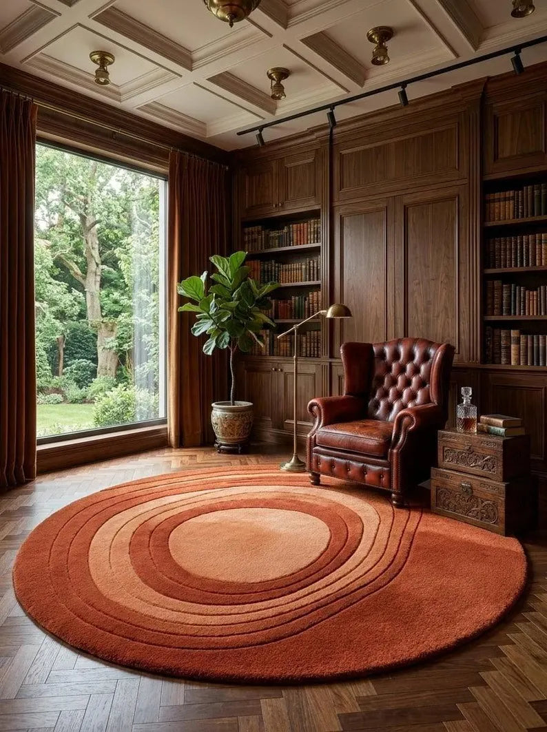 Round Abstract Wool Area Rug, Hand Tufted Modern Design, Terracotta & Burnt Orange Circle, Luxury Living Room & Bedroom Decor