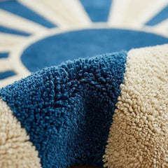 Blue & Beige Round Wool Rug | Modern Sunburst Hand Tufted Carpet