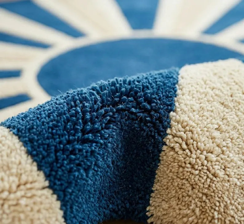 Blue & Beige Round Wool Rug | Modern Sunburst Hand Tufted Carpet