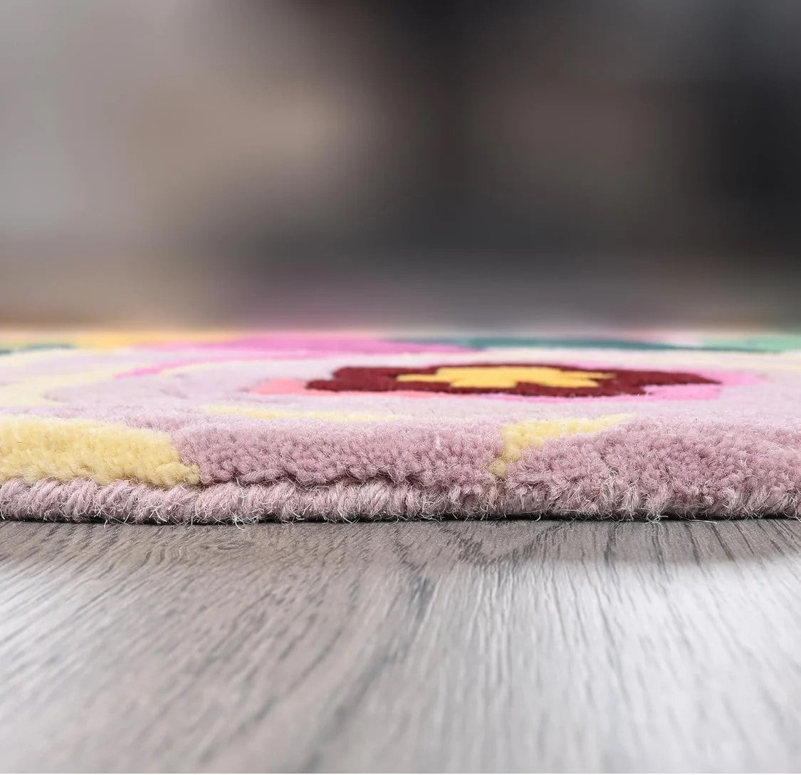 Pink Floral Irregular Rug, Hand Tufted Plush Botanical Carpet, Maximalist Home Decor