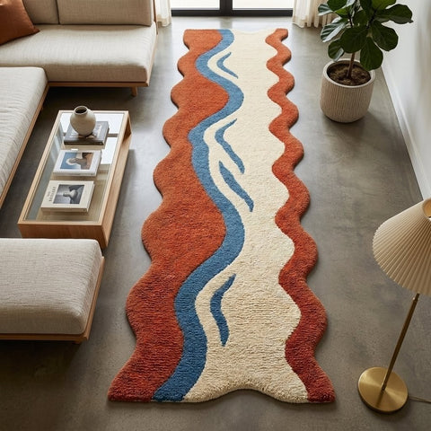 Hand Tufted Abstract Runner Rug – Terracotta Blue & Cream Wavy Area Rug, Modern Organic Shaped Hallway Carpet
