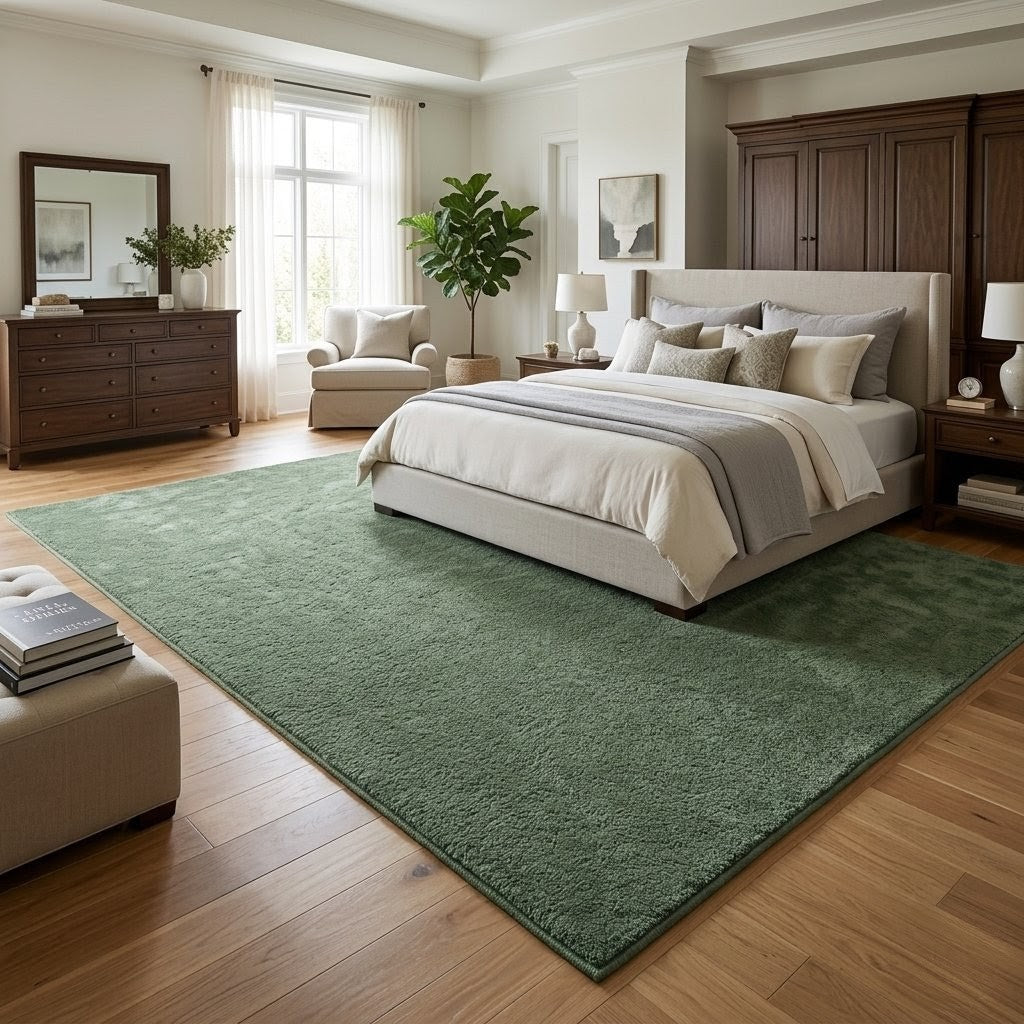 Premium Solid Olive Green Hand Tufted Wool Carpet | Modern Luxury Minimalist Area Rug for Living Room & Bedroom