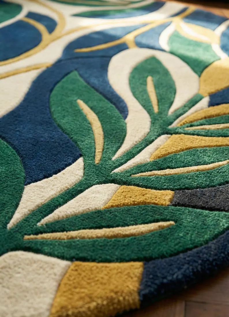 Luxury Round Botanical Rug | Hand Tufted 100% New Zealand Wool Leaf Area Carpet