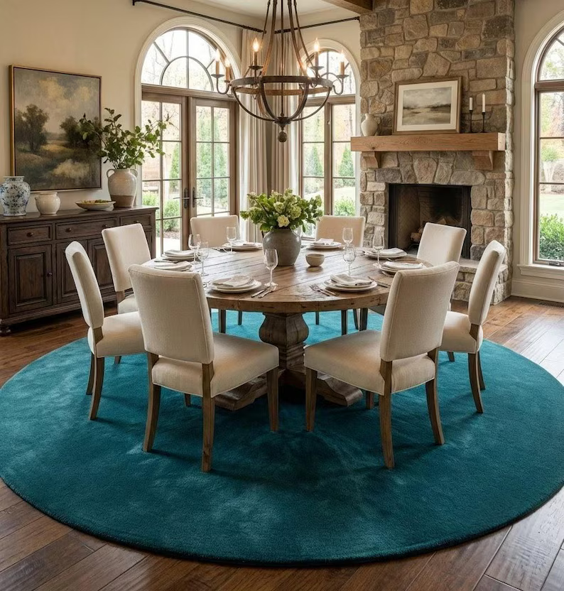 Dark Teal Round Area Rug 9x9 – Luxury Hand Tufted New Zealand Wool, Solid Modern Living Room Carpet, Thick Plush Contemporary Rug