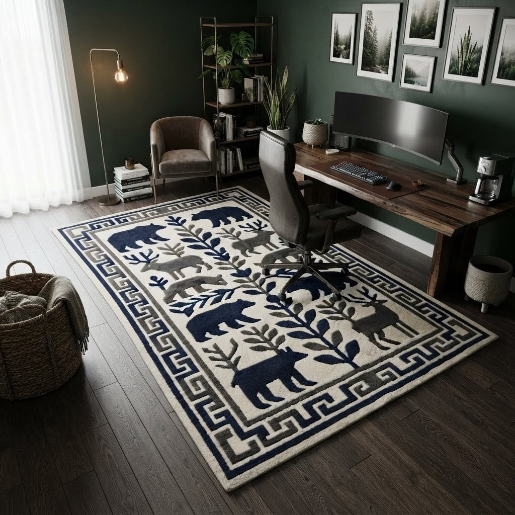 Wildlife Hand Tufted Rug – Bear & Deer Forest Wool Area Rug, Scandinavian Folk Art Rug, Rustic Cabin Decor