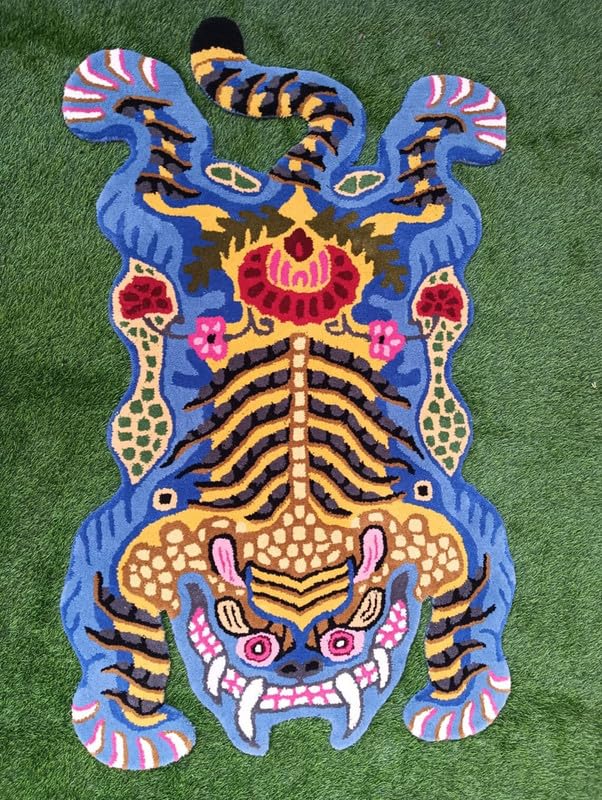 Blue Tiger Shape Area Rug | Hand Tufted New Zealand Wool Abstract Animal Rug | Modern Statement Carpet
