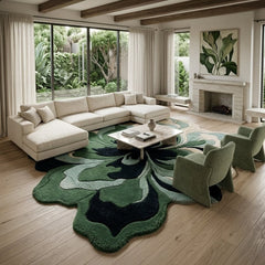 Green & Navy Botanical Flower Rug, Organic Shaped Statement Rug for Living Room & Bedroom