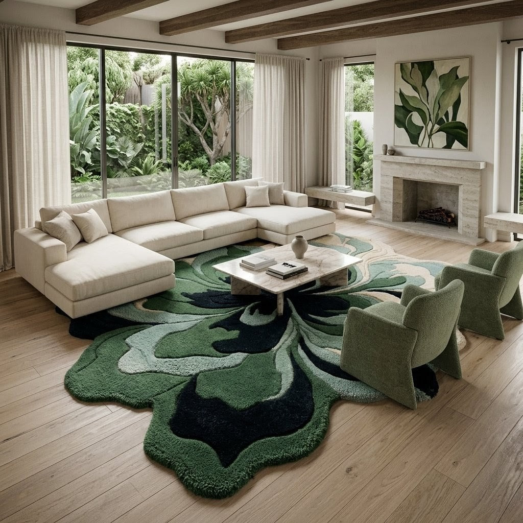 Green & Navy Botanical Flower Rug, Organic Shaped Statement Rug for Living Room & Bedroom