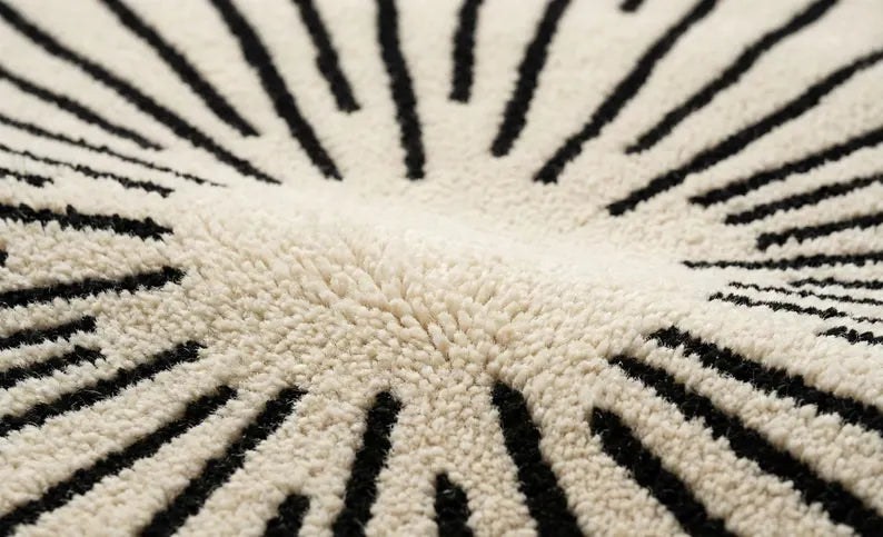 White & Black Round Area Rug | Hand Tufted New Zealand Wool Sunburst Carpet | Modern Luxury Floor Decor