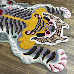Hand Tufted New Zealand Wool Animal Rug | Modern White Tiger Shape Area Rug |  Unique Artistic Statement Carpet