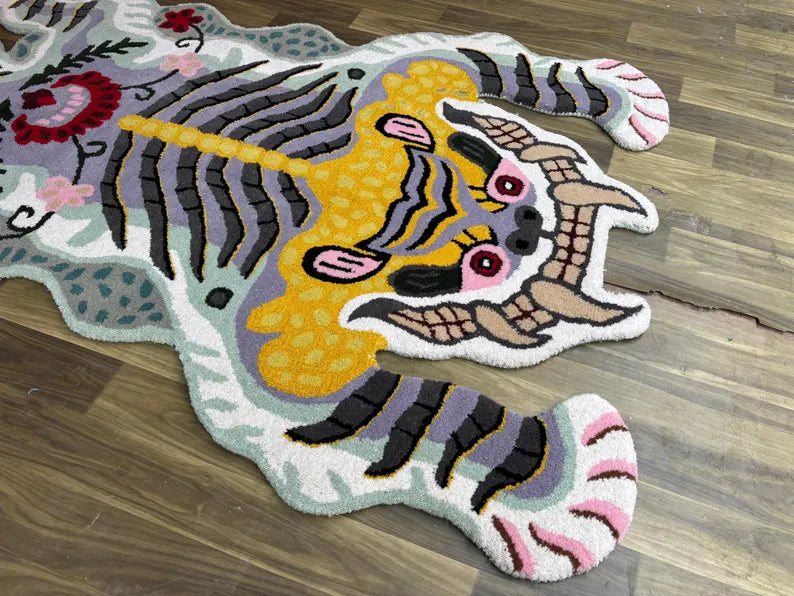 Hand Tufted New Zealand Wool Animal Rug | Modern White Tiger Shape Area Rug |  Unique Artistic Statement Carpet