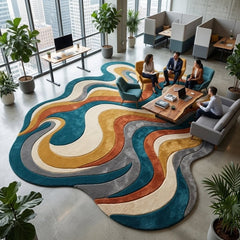 Abstract Wavy Rug, Hand Tufted Wool Rug, Colorful Irregular Shape Carpet, Psychedelic Retro Rug, Modern Living Room Decor