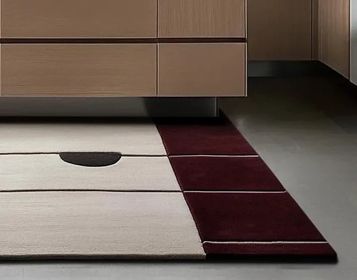 Hand Tufted Premium Color-Block Wool Carpet | Modern Burgundy & Cream Area Rug for Living Room & Bedroom
