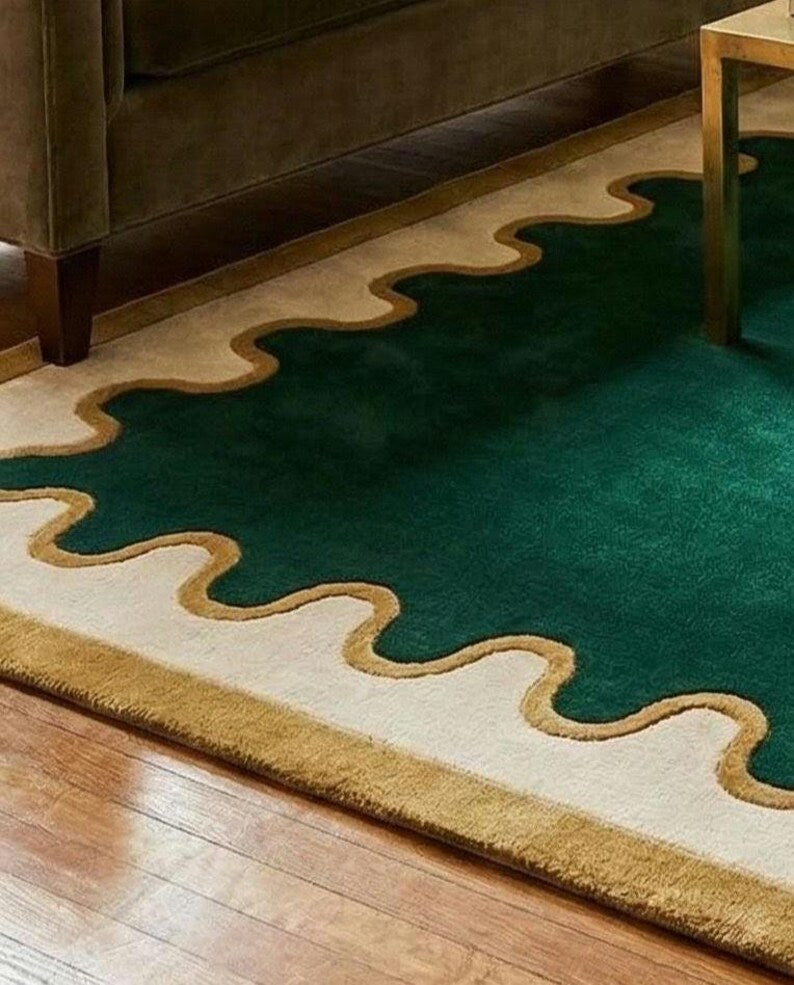 Modern Green Scalloped Edge Rug | Hand Tufted New Zealand Wool Luxury Living Room Area Rug