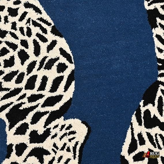 5x8 Blue & White Leopard Wool Area Rug | Hand Tufted New Zealand Wool Animal Carpet | Modern Luxury Living Room, Bedroom & Contemporary Home Decor