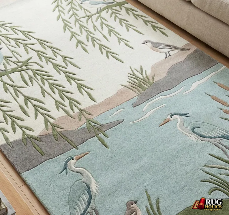 Hand Tufted New Zealand Wool Area Rug with Elegant Bird & Nature Art Design for Living Room & Bedroom Home Décor