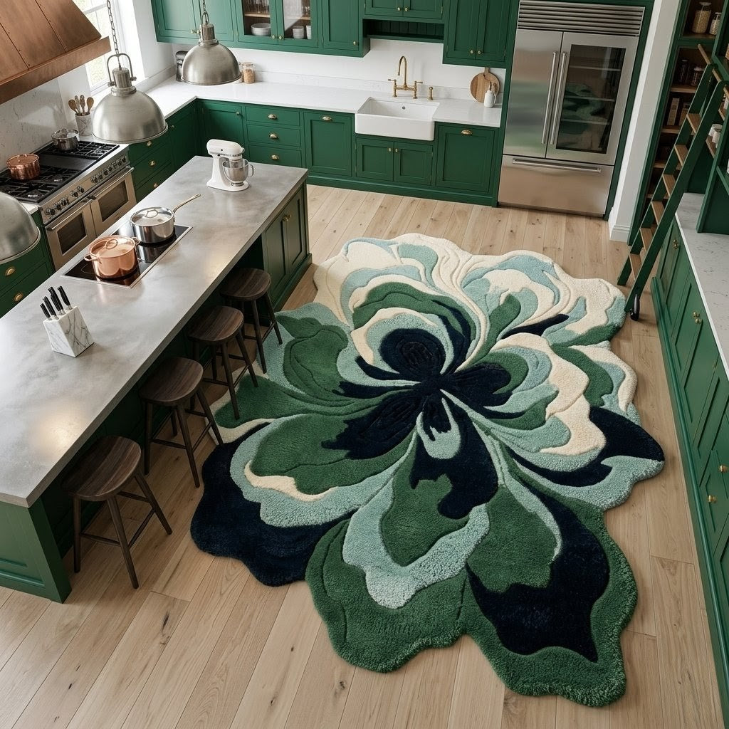 Green & Navy Botanical Flower Rug, Organic Shaped Statement Rug for Living Room & Bedroom