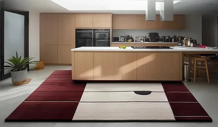 Hand Tufted Premium Color-Block Wool Carpet | Modern Burgundy & Cream Area Rug for Living Room & Bedroom