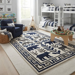 Wildlife Hand Tufted Rug – Bear & Deer Forest Wool Area Rug, Scandinavian Folk Art Rug, Rustic Cabin Decor