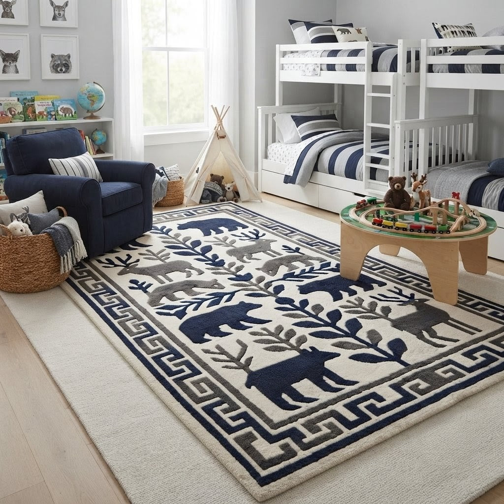 Wildlife Hand Tufted Rug – Bear & Deer Forest Wool Area Rug, Scandinavian Folk Art Rug, Rustic Cabin Decor