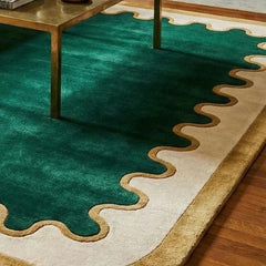 Modern Green Scalloped Edge Rug | Hand Tufted New Zealand Wool Luxury Living Room Area Rug