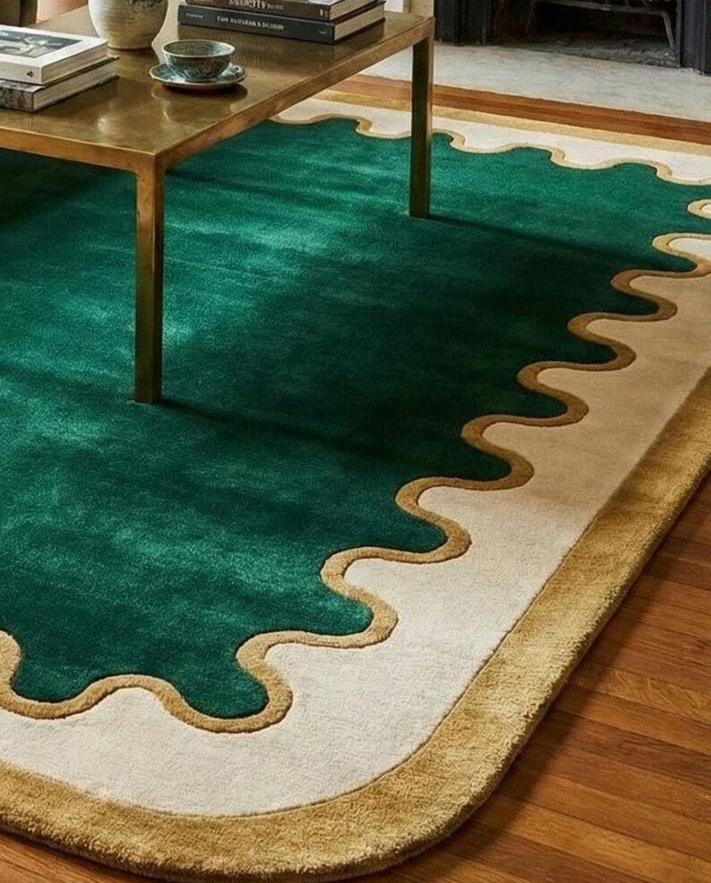 Modern Green Scalloped Edge Rug | Hand Tufted New Zealand Wool Luxury Living Room Area Rug