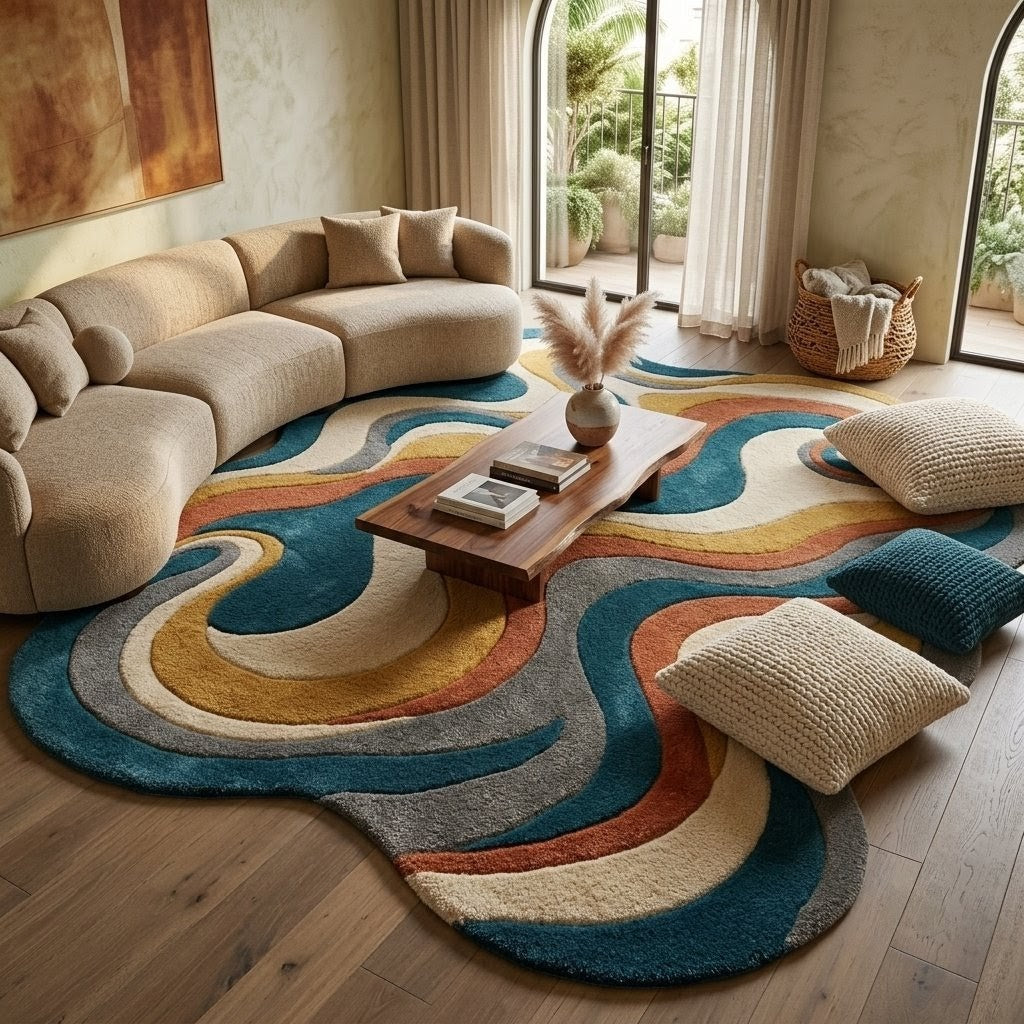 Abstract Wavy Rug, Hand Tufted Wool Rug, Colorful Irregular Shape Carpet, Psychedelic Retro Rug, Modern Living Room Decor