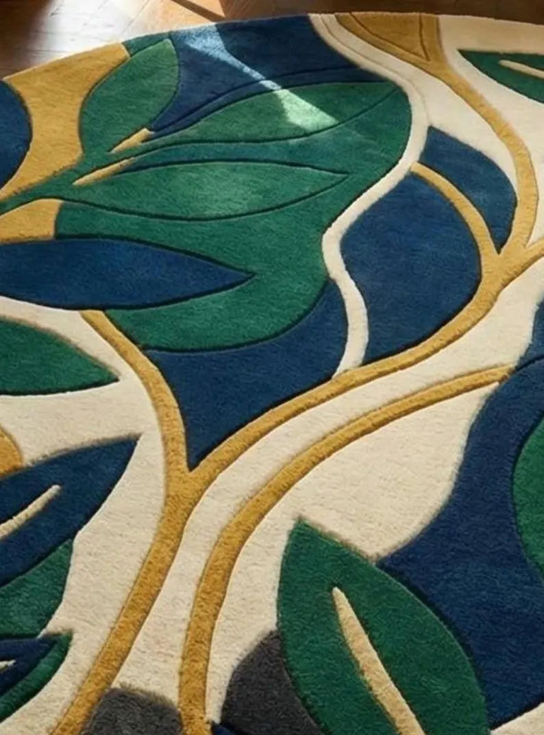 Luxury Round Botanical Rug | Hand Tufted 100% New Zealand Wool Leaf Area Carpet
