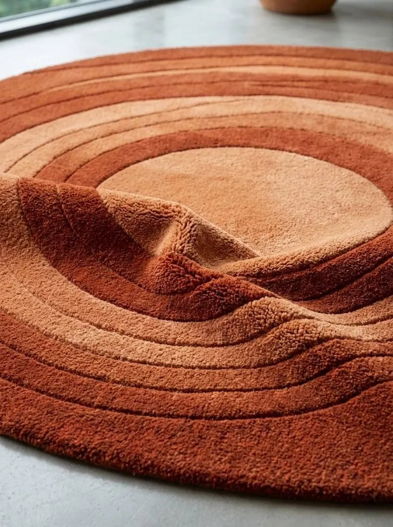 Round Abstract Wool Area Rug, Hand Tufted Modern Design, Terracotta & Burnt Orange Circle, Luxury Living Room & Bedroom Decor